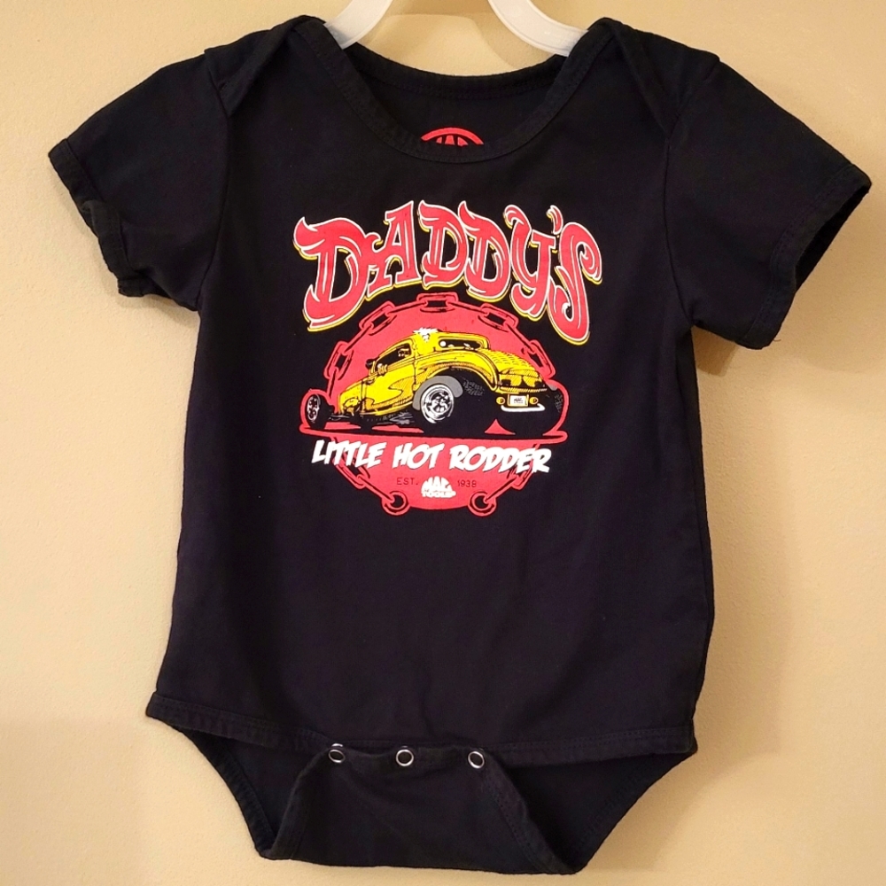 "Daddy's Little Hot Rodder" black short sleeved onesie/bodysuit